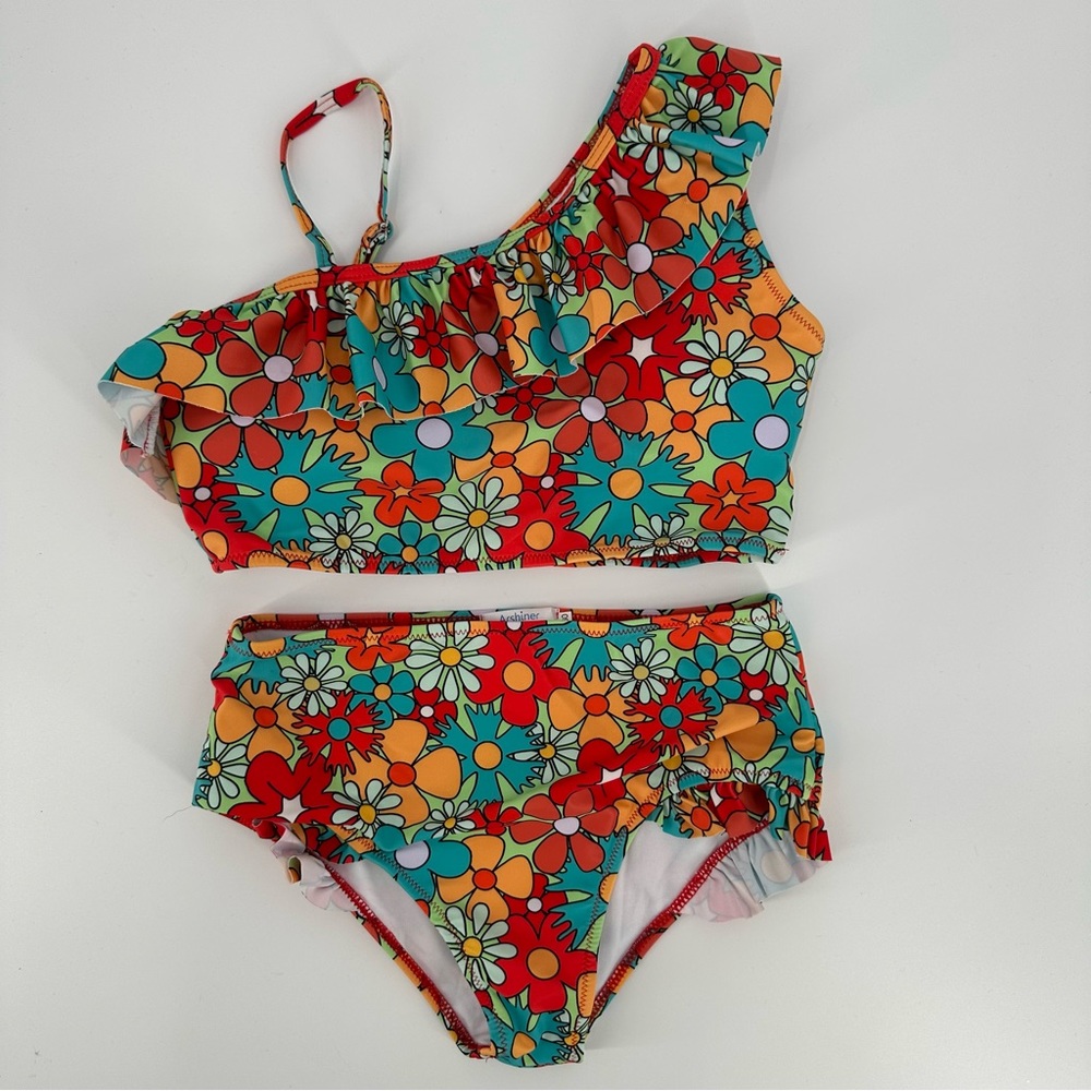 Arshiner Girls Bikini Set Retro Floral One Shoulder Ruffle Size 160 12